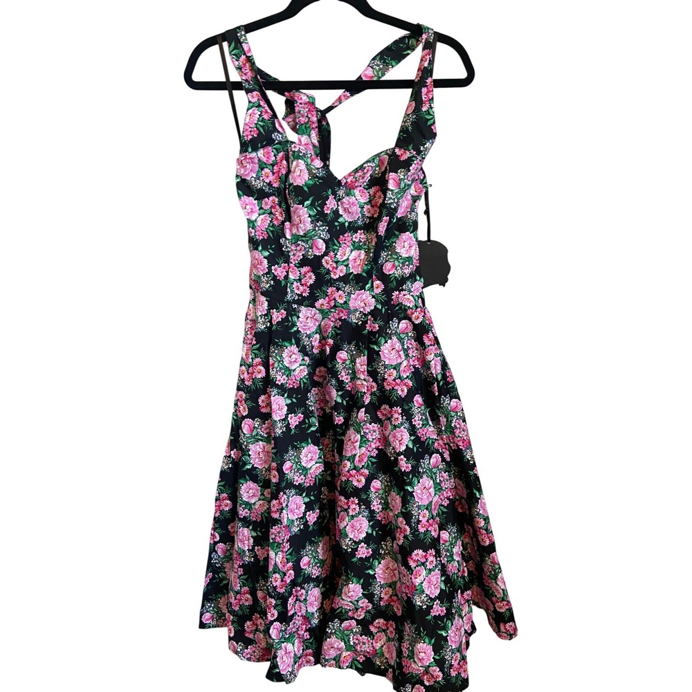 Hell Bunny Vixen Mens Pink Floral Retro Swing Dress Black Rockabilly Belted M